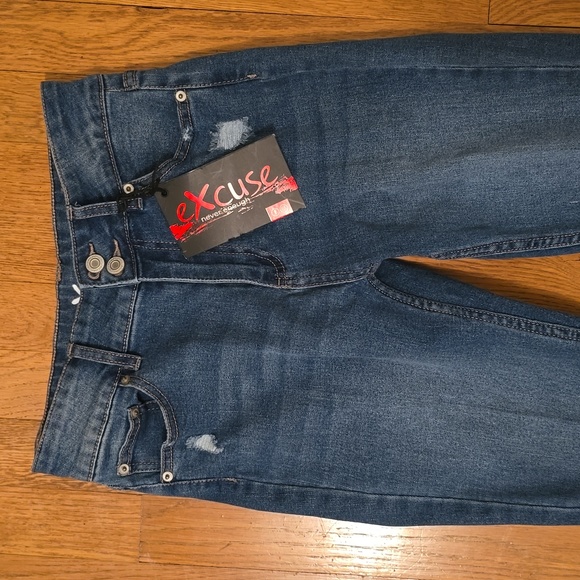 EXCUSE BRAND WOMEN'S JUNIOR SIZE BLUE DISTRESSED JEANS SIZE 3/26W - Picture 3 of 12